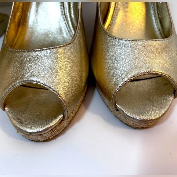 Lilly Pulitzer Kristin Leather Wedge Gold Peep Toe    Preppy Shoes Size 8.5 - Picture 15 of 16